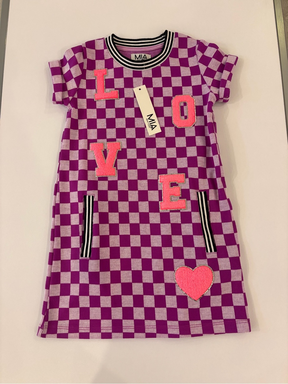 MIA Checkerboard Knit Dress in Purple & Pink with Striped Collar